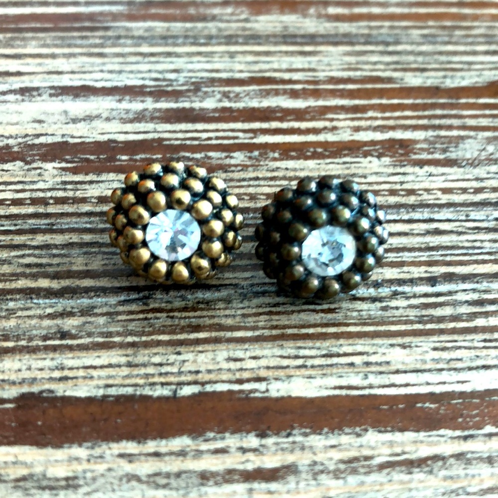 J. Crew two toned antiqued gold earrings with crystal in the inside